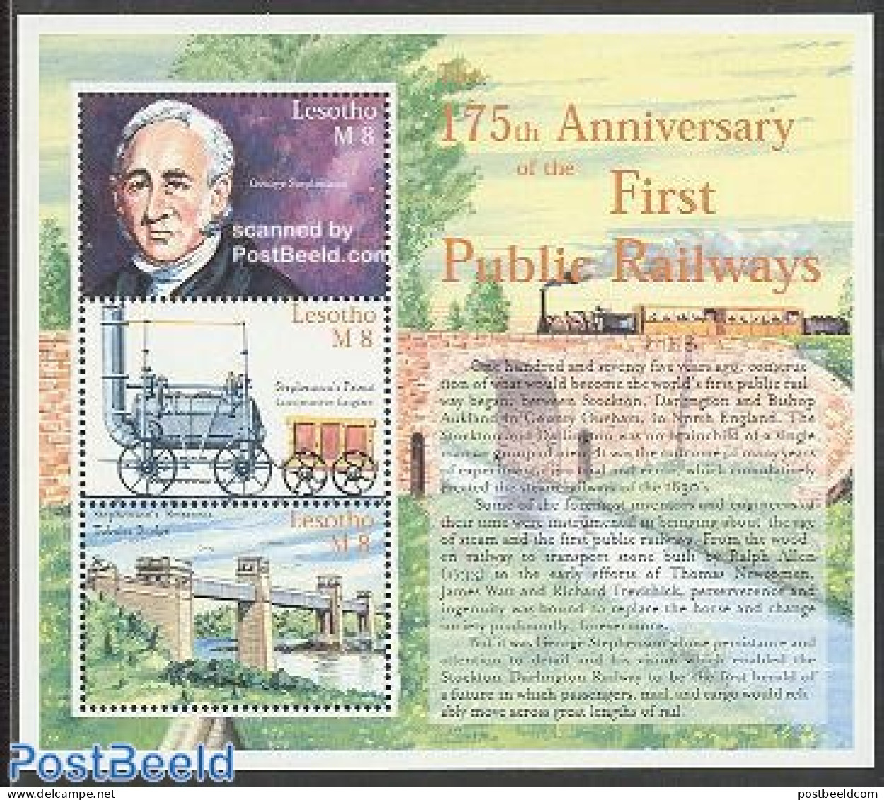 Lesotho 2000 Public Railways 3v M/s, Mint NH, Transport - Railways - Art - Bridges And Tunnels - Treinen