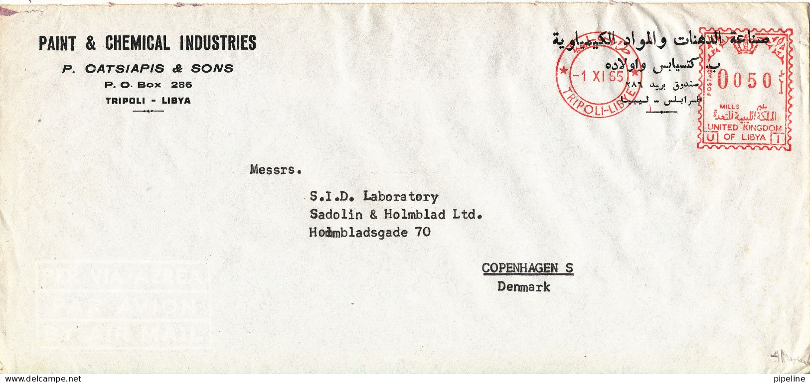 Libya Air Mail Cover With Red Meter Cancel 1-11-1965 Sent To Denmark - Libia