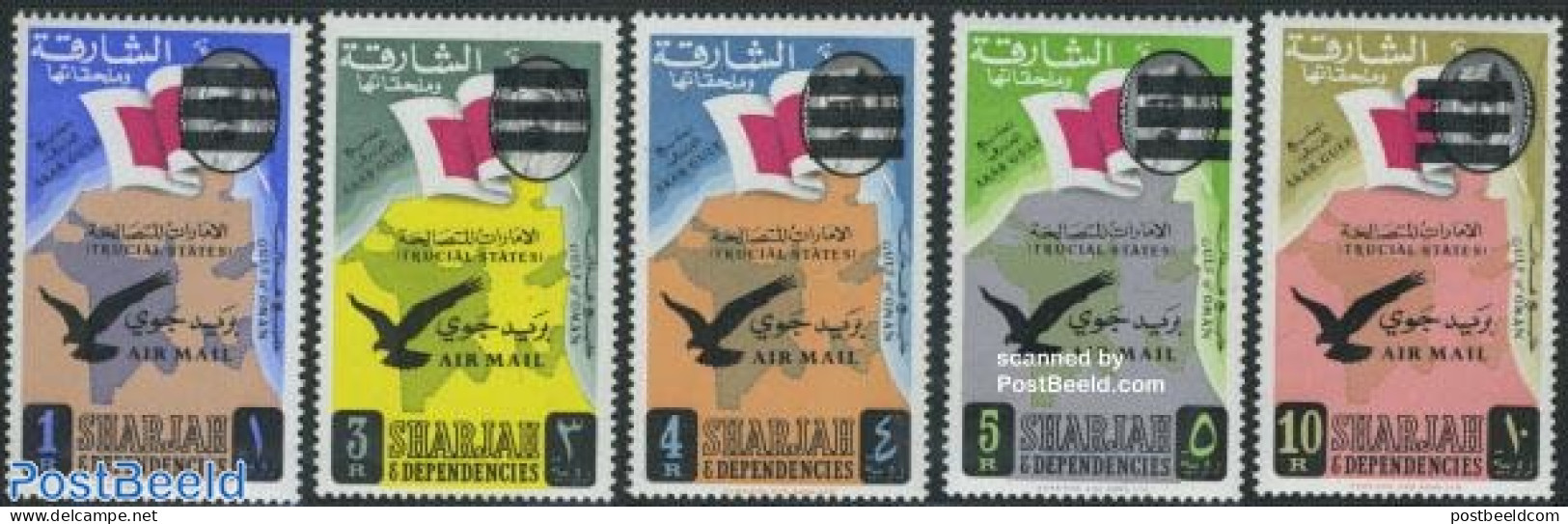 Sharjah 1965 Overprints 5v Airmail, Mint NH, History - Various - Maps - Geografía