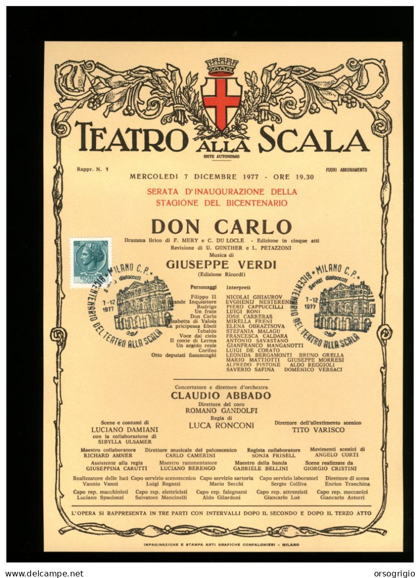 ITALIA - MILANO - TEATRO ALLA SCALA - Stagione 1978 Del BICENTENARIO - OPERA - DON CARLO - Teatro