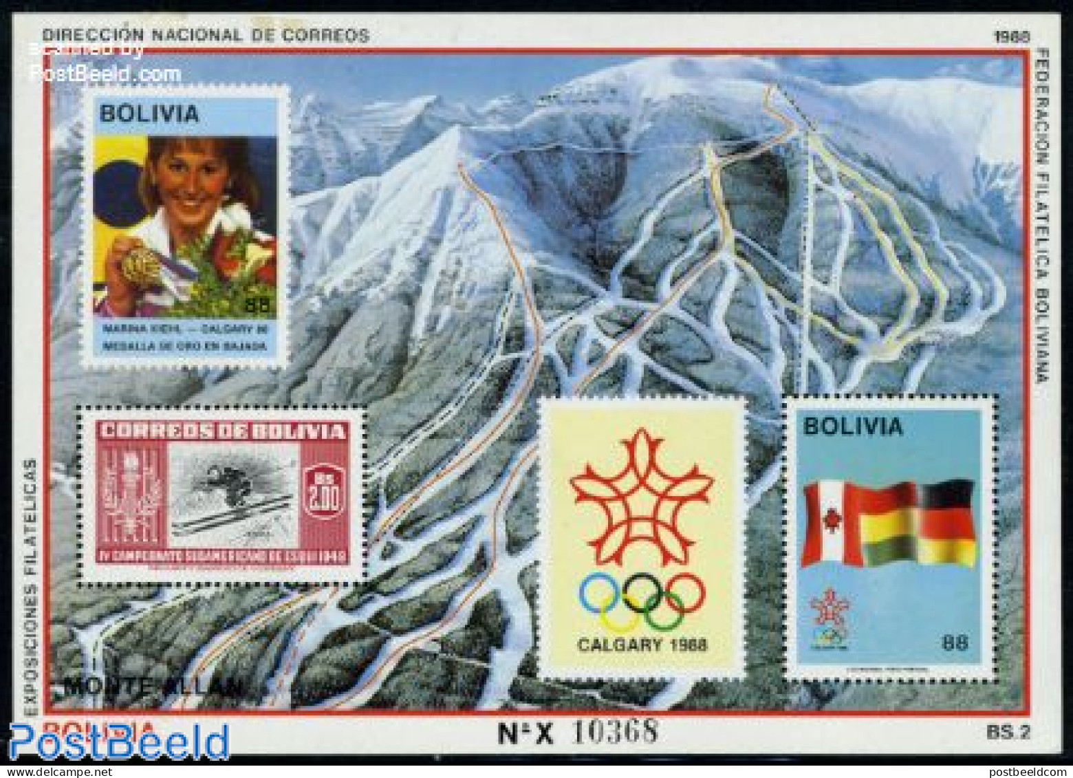 Bolivia 1988 Olympic Winter Winners S/s, Mint NH, Sport - Olympic Winter Games - Skiing - Stamps On Stamps - Skiing