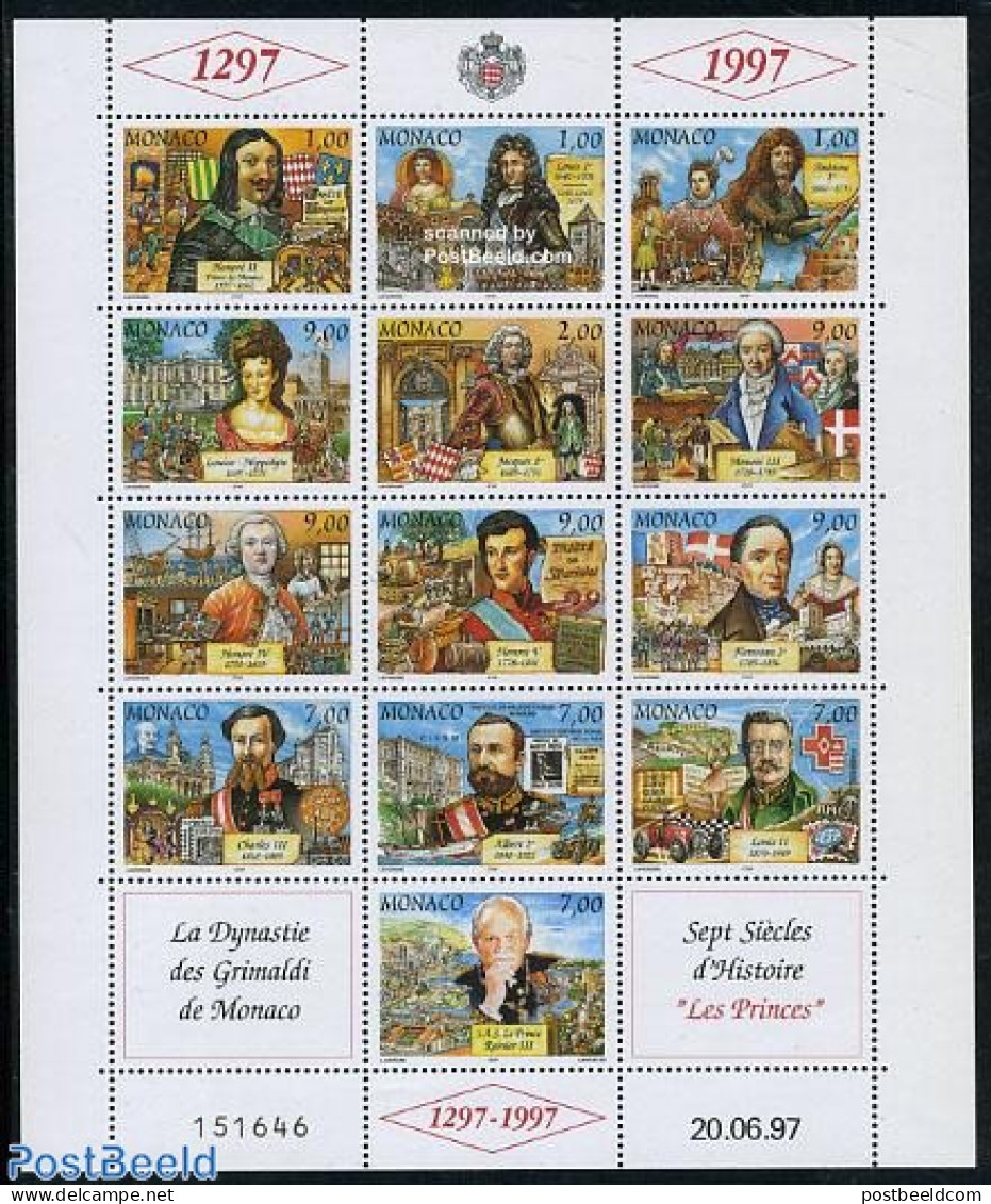 Monaco 1997 Grimaldi Dynasty 13v M/s, Mint NH, History - Performance Art - Sport - Transport - Various - History - Kin.. - Neufs