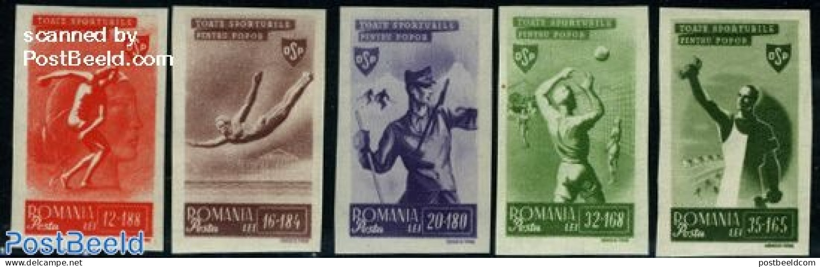 Romania 1945 Sports 5v Imperforated, Mint NH, Sport - Athletics - Sport (other And Mixed) - Swimming - Volleyball - Unused Stamps