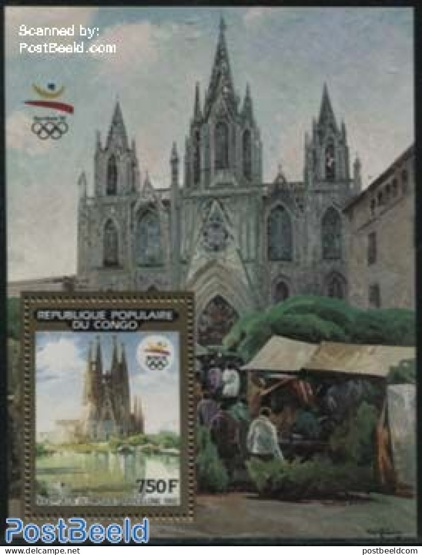 Congo Republic 1990 Olympic Games Barcelona, Paintings S/s, Mint NH, Religion - Sport - Churches, Temples, Mosques, Sy.. - Chiese E Cattedrali