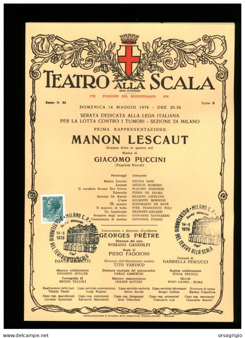 ITALIA - MILANO - TEATRO ALLA SCALA - Stagione 1978 Del BICENTENARIO - MANON LESCAULT - Théâtre