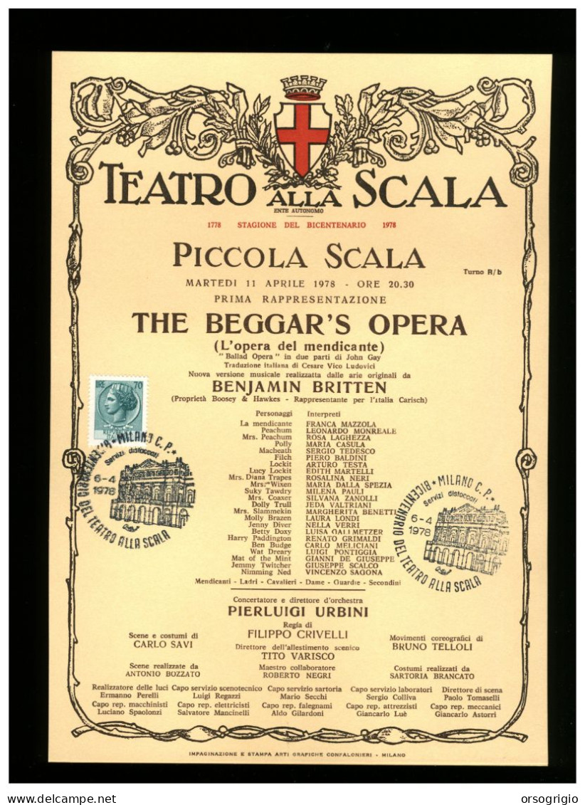 ITALIA - MILANO - TEATRO ALLA SCALA - Stagione 1978 Del BICENTENARIO - THE BEGGAR'S OPERA - Theater