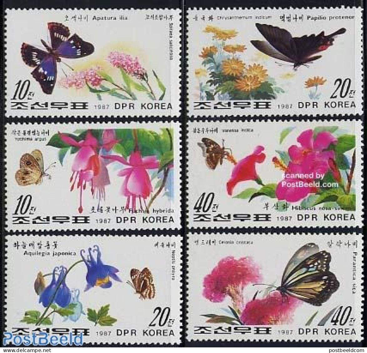 Korea, North 1987 Butterflies & Flowers 6v, Mint NH, Nature - Butterflies - Flowers & Plants - Korea, North