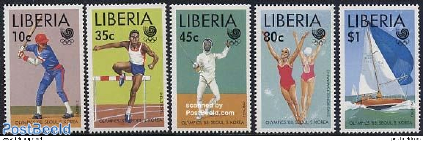 Liberia 1988 Olympic Games Seoul 5v, Mint NH, Sport - Athletics - Baseball - Fencing - Olympic Games - Sailing - Swimm.. - Atletiek