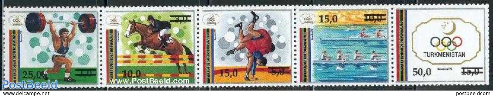 Turkmenistan 1993 Olympic Games Barcelona 5v [::::], Overprints, Mint NH, Nature - Sport - Horses - Kayaks & Rowing - .. - Canottaggio