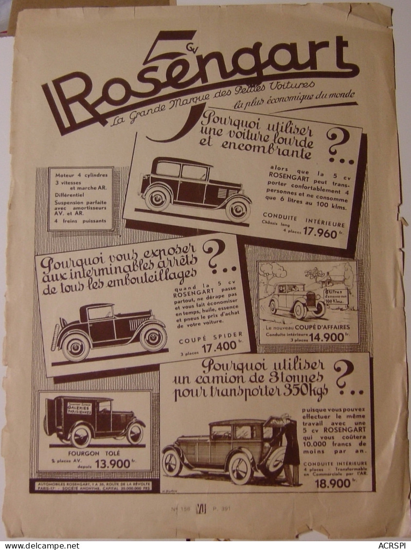 Publicité Image 27X37 ROSENGART 5 Automobile Voiture Année 1931 - Advertising