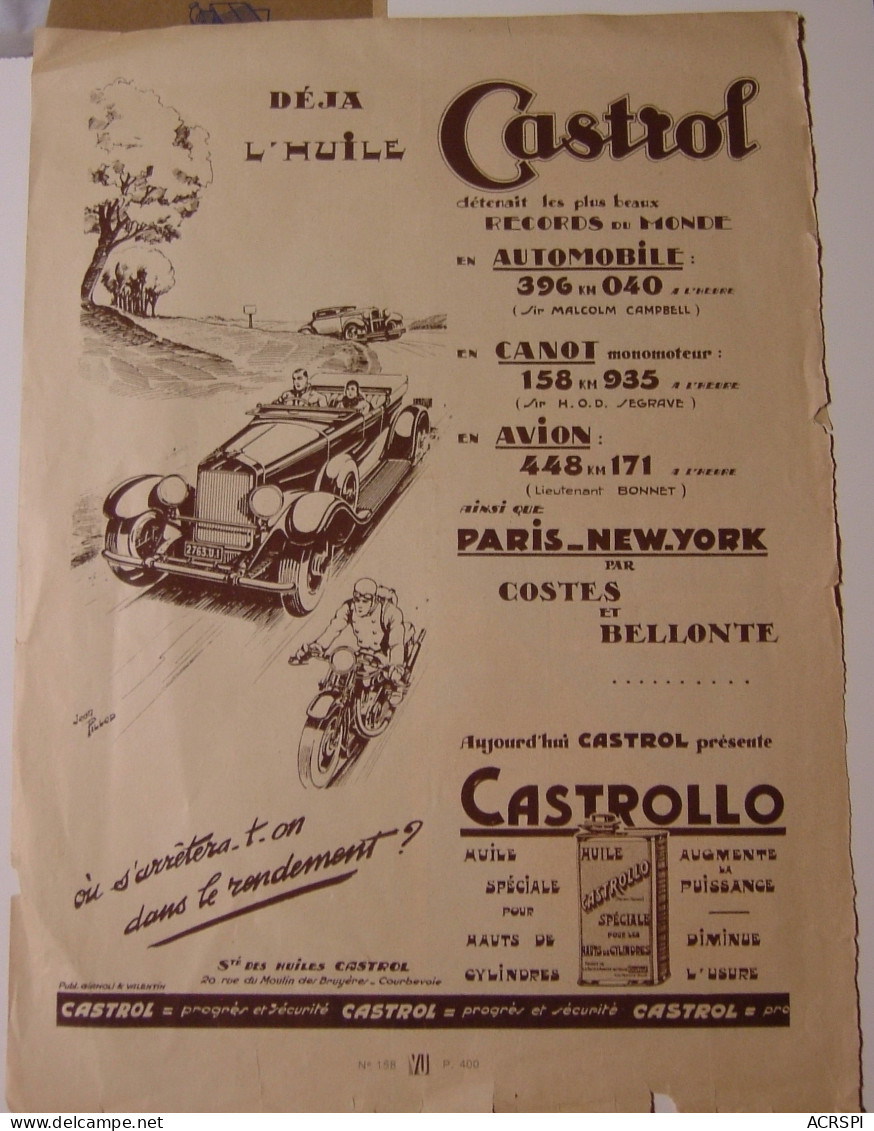 Publicité Image 27X37 Huile CASTROL  Automobile Voiture Année 1931 - Reclame