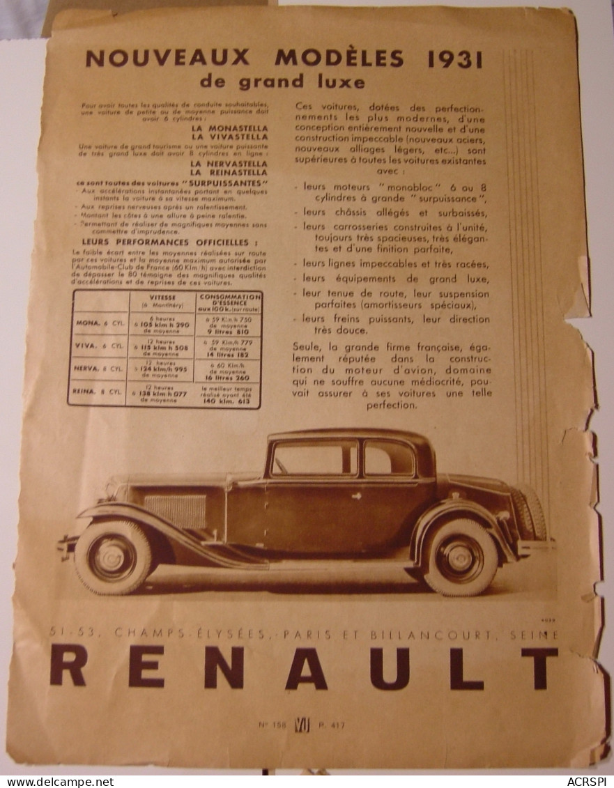 Publicité Image 27X37 RENAULT De Grand Luxe Mona Viva Nerva Reina Automobile Voiture Année 1931 - Publicidad