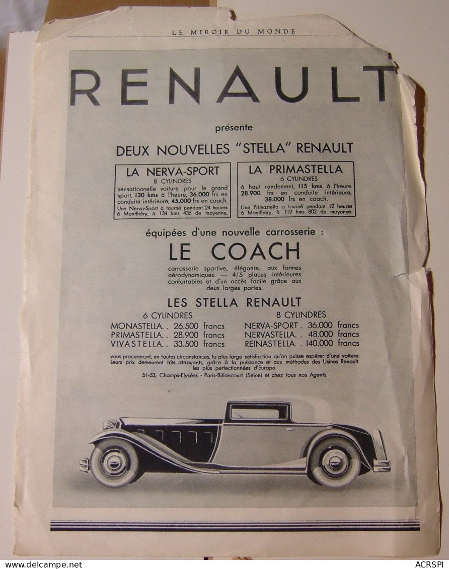 Publicité Image 27X37  RENAULT  Nerva Primastella Stella Le Coach Auo Voiture Automobile Année 1931 - Reclame