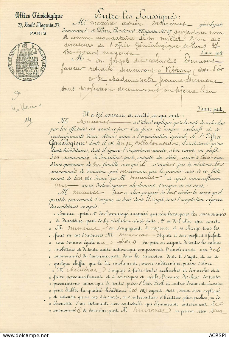 Vitteaux 1909 Acte De L'office Généalogique Bld Magenta à Paris Entre  Jeanne & Charles Dumont - Manuscripten