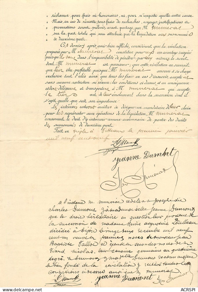 Vitteaux 1909 Acte De L'office Généalogique Bld Magenta à Paris Entre  Jeanne & Charles Dumont - Manuscripts