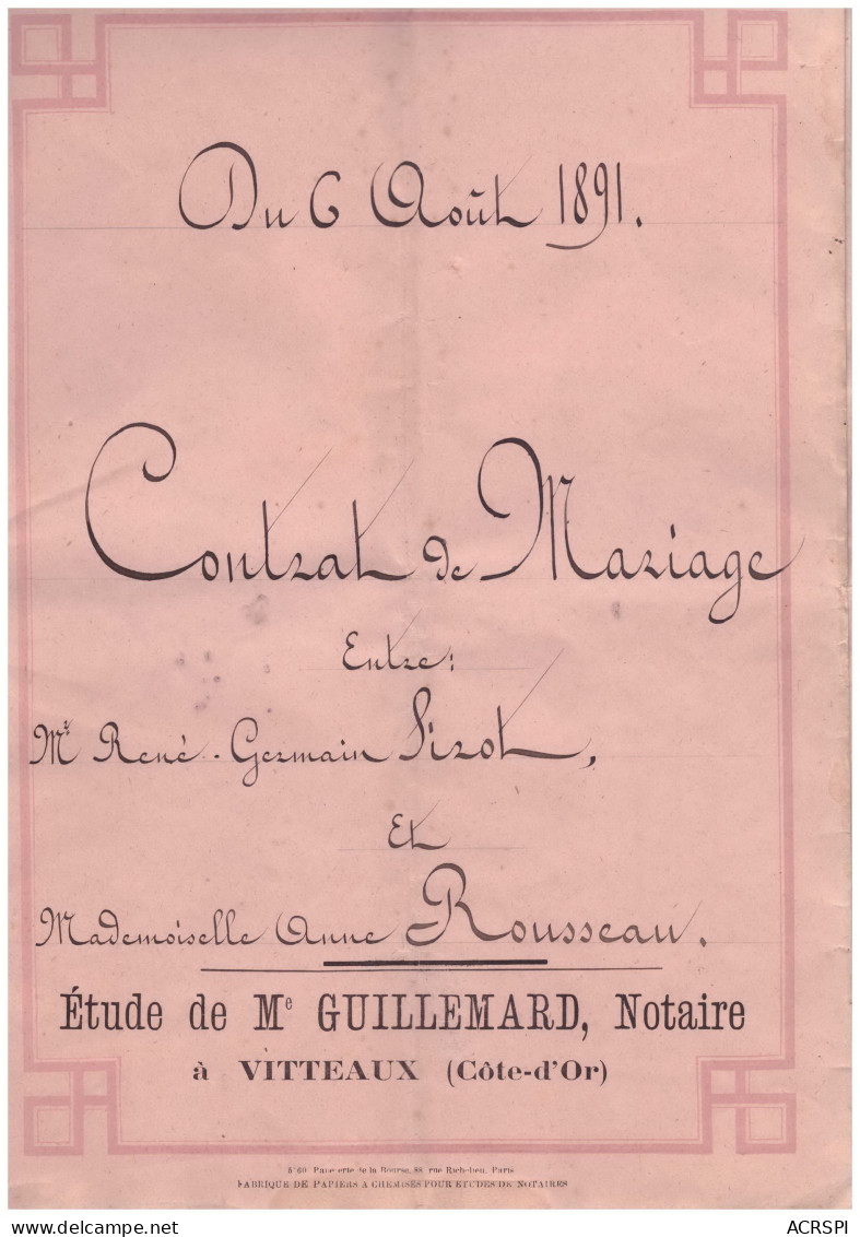 VITTEAUX Cote D'or Contrat De Mariage En 1891 Entre Sirot Et Rousseau 8 Pages - Manuscripts