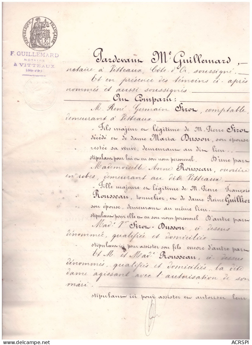 VITTEAUX Cote D'or Contrat De Mariage En 1891 Entre Sirot Et Rousseau 8 Pages - Manuskripte