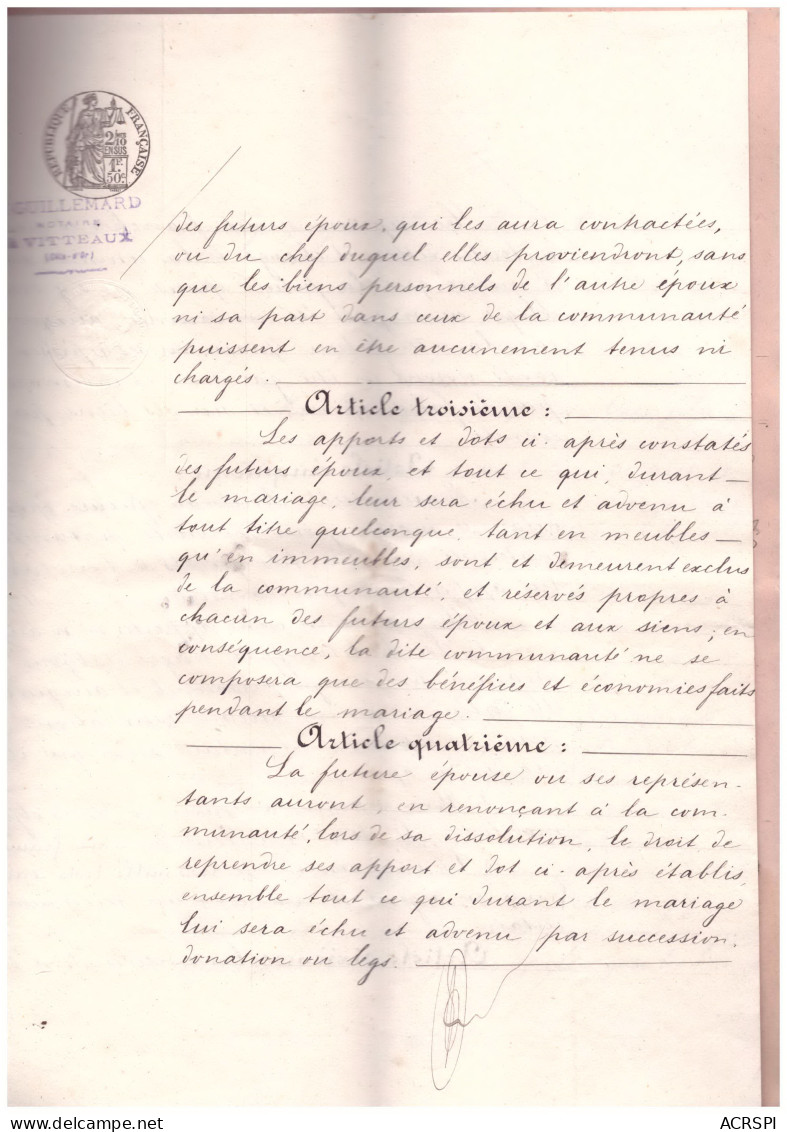 VITTEAUX Cote D'or Contrat De Mariage En 1891 Entre Sirot Et Rousseau 8 Pages - Manuscripts