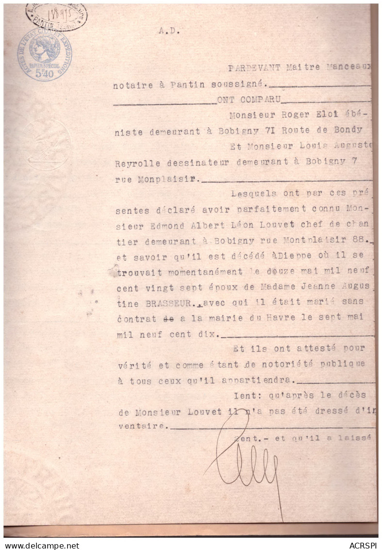NOTORIETE  Succession LOUVET Octobre 1931 à Pantin 3 Pages - Décès