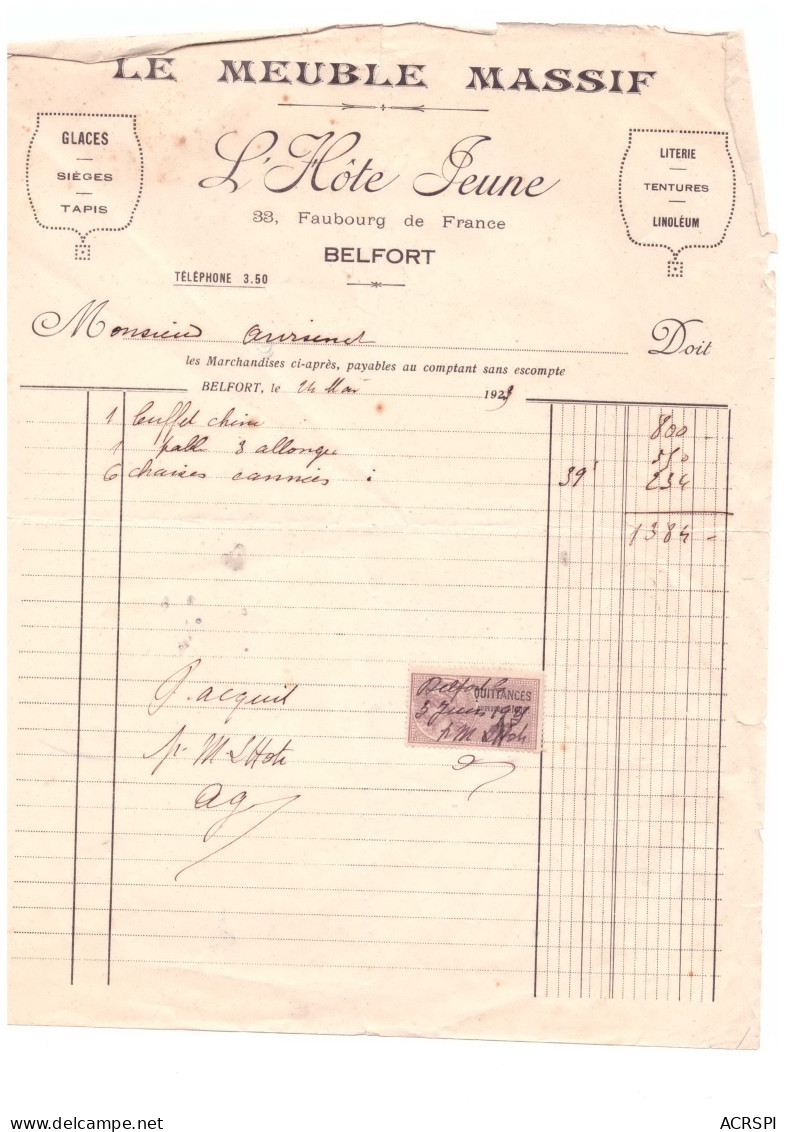 Facture : Le Meuble Massif L'hote Jeune à BELFORT En 1929 - 1900 – 1949
