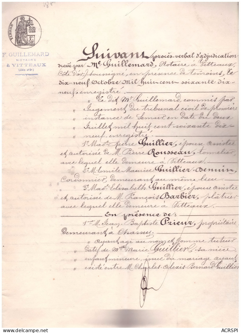 VITTEAUX Cote D'or Adjudication En 1879 Entre Guilliez Rousseau Et Colin 10 Pages - Manuscripts