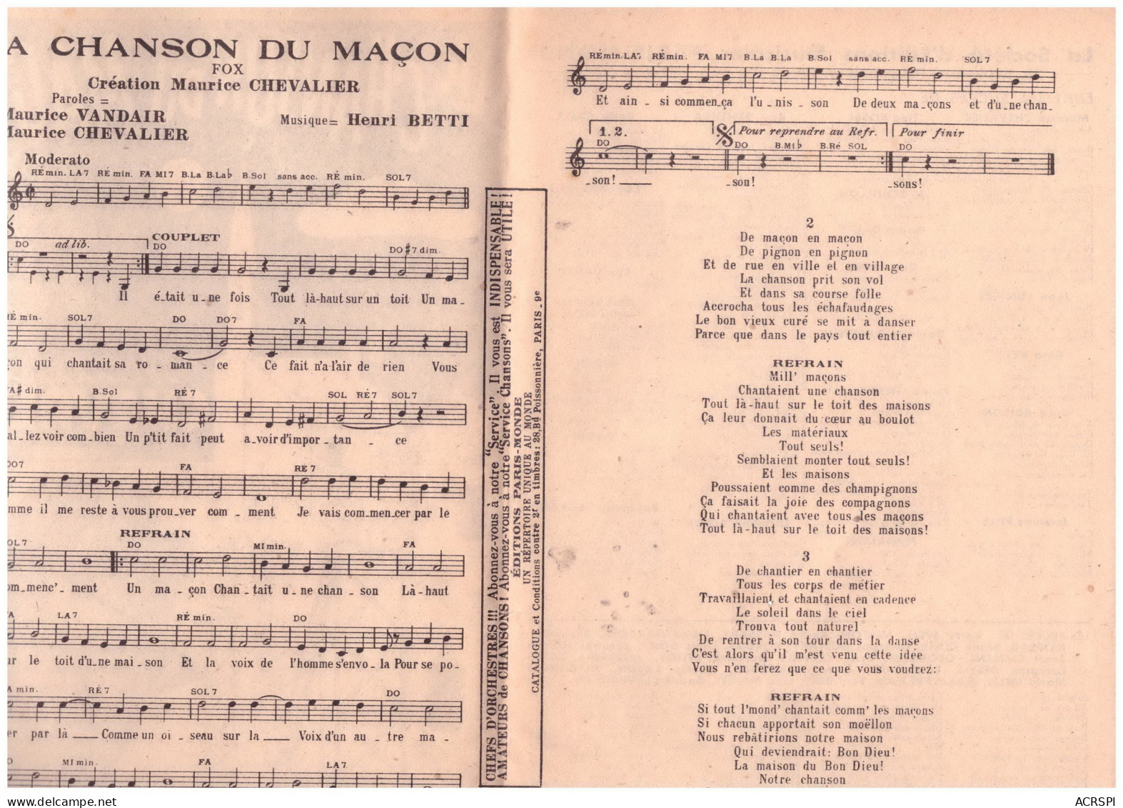 Maurice CHEVALIER  La Chanson Du Maçon FOX édition Musicale PARIS MONDE 9e - Partitions Musicales Anciennes