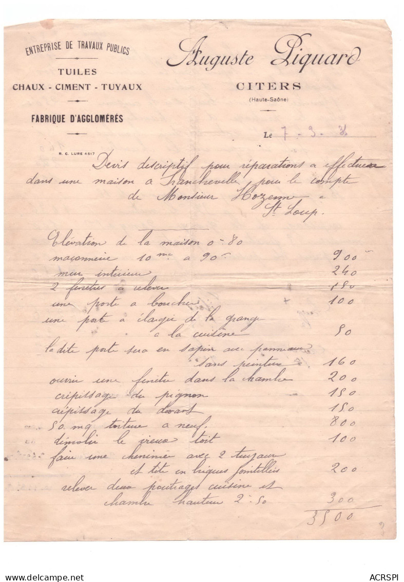 Facture Maconnerie Travaux Publics Auguste Piquard CITERS Haute Saone 70 à SAINT LOUP En 1931 - 1900 – 1949