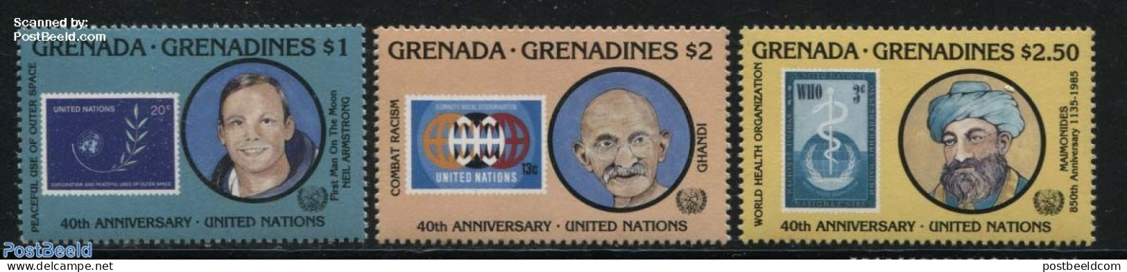 Grenada Grenadines 1985 40 Years UNO 3v, Mint NH, History - Transport - Gandhi - United Nations - Stamps On Stamps - S.. - Mahatma Gandhi
