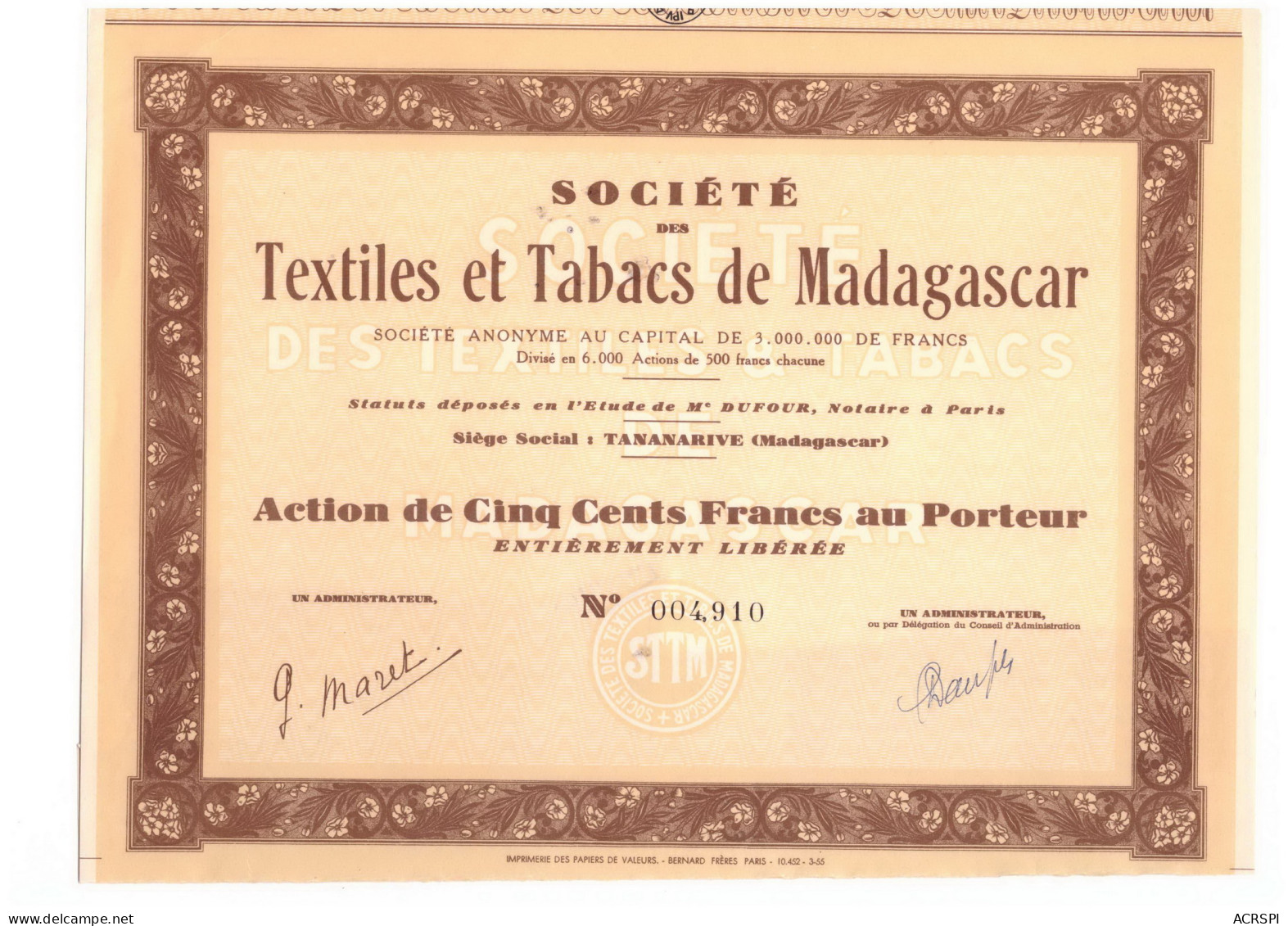 ACTION  TEXTILES ET TABACS DE MADAGASCAR 500 Francs Au Porteur TANANARIVE - Textile