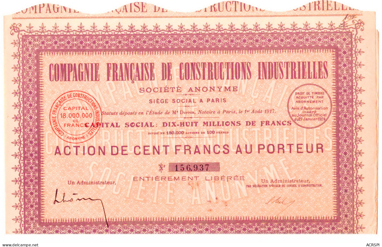 ACTION  Compagnie Francaise De Constructions Industrielles 100 Francs Au Porteur PARIS - Industrial