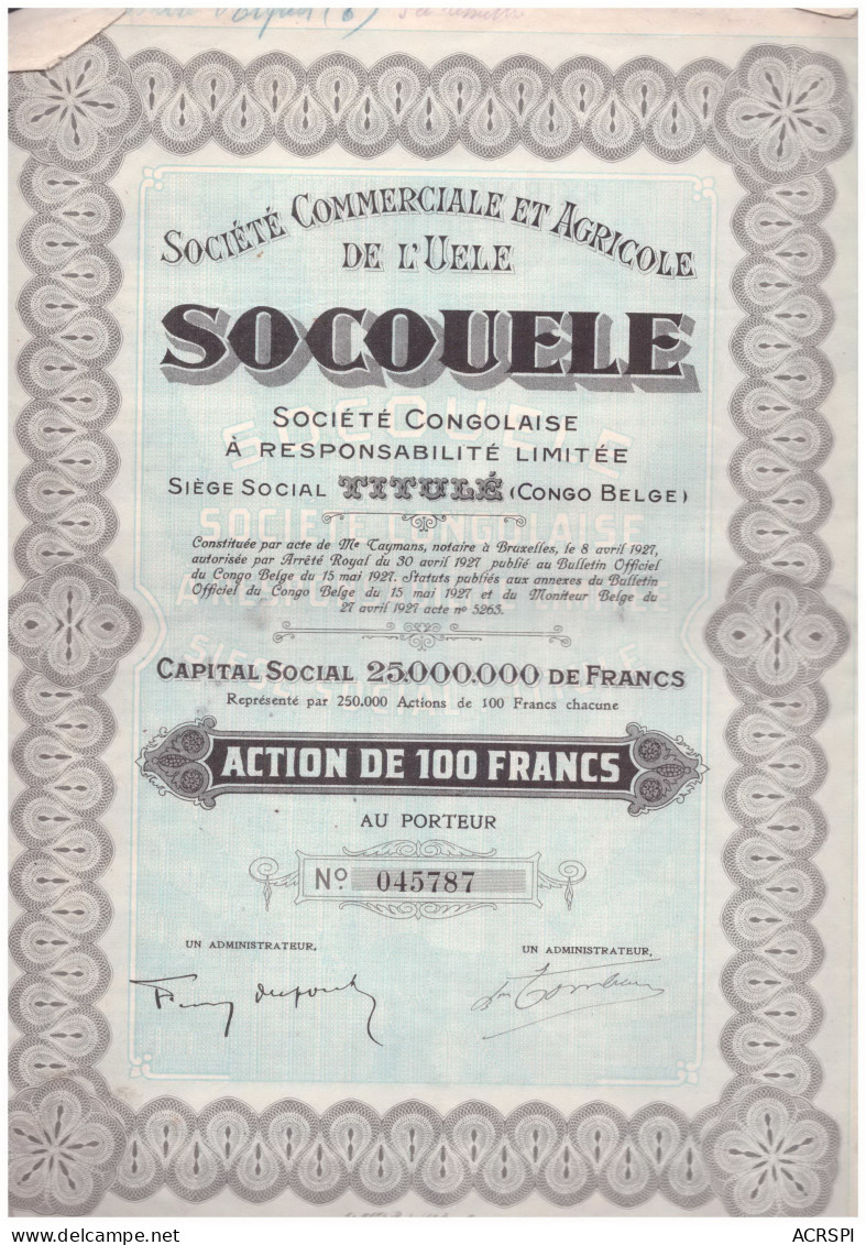 ACTION  SOCOUELLE Societe CONGOLAISE à Titulé  100 Francs Au Porteur Congo Belge - Afrique