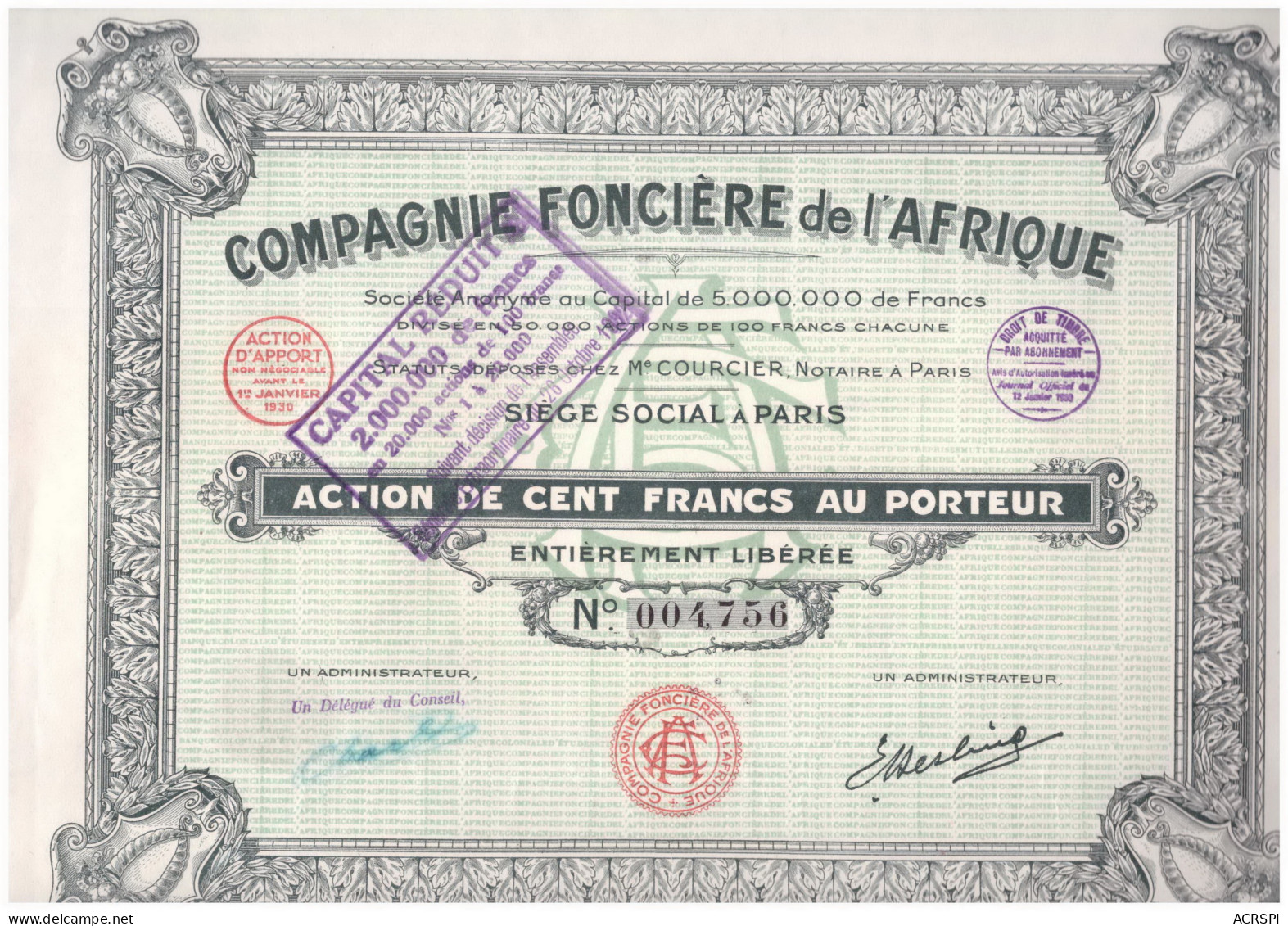 ACTION Compagnie Fonciere De L'AFRIQUE   100 Francs Au Porteur à PARIS Avril 1932 - Africa