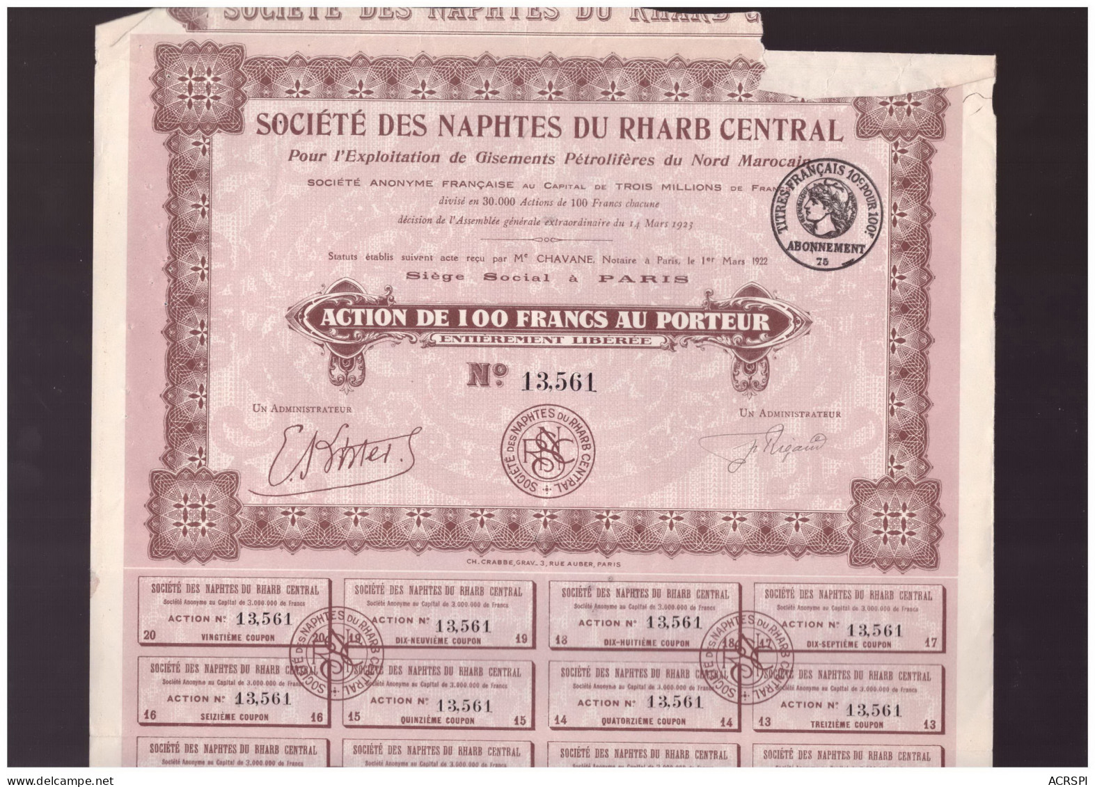 ACTION Societe Des NAPHTES Du RHARB Central Gisements Pétrolifères Nord MAROCAIN 100 Francs Au Porteur à PARIS Mars 1923 - Afrika