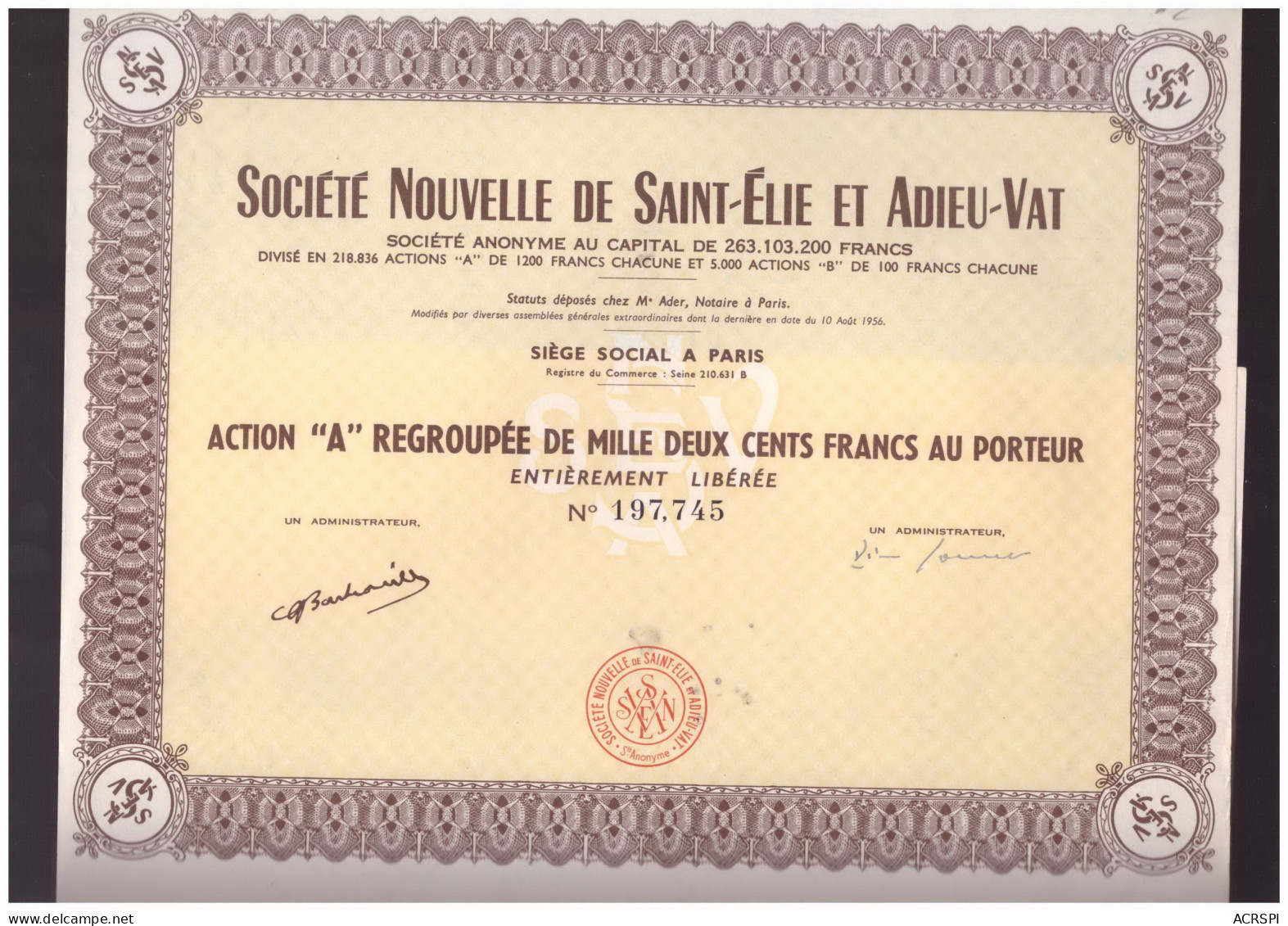 ACTION Societe Nouvelle De St élie Et Adieu Vat 1200 Francs Au Porteur à PARIS Aout 1956 - Industrial