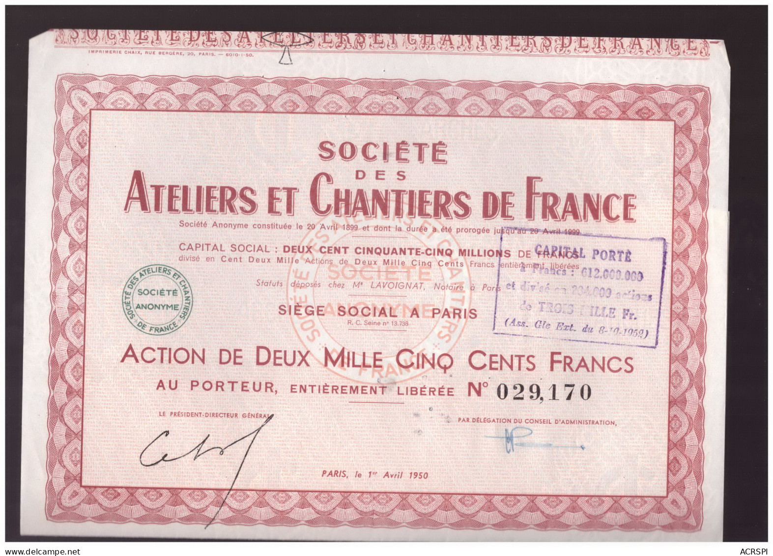 ACTION ATELIERS ET CHANTIERS DE FRANCE  2500 Francs  Avril 1950 - Industrial