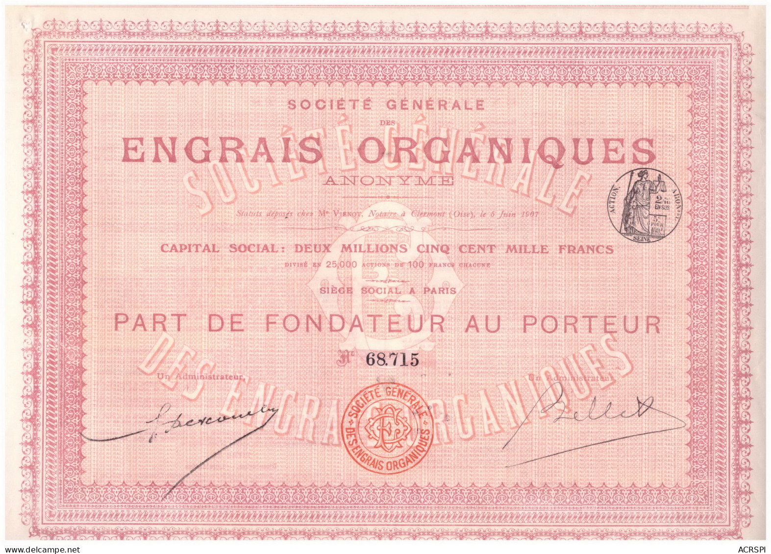 ACTION  ENGRAIS ORGANIQUES  Part De Fondateur  Juin 1907 Agriculture Clermont Oise - Agricoltura