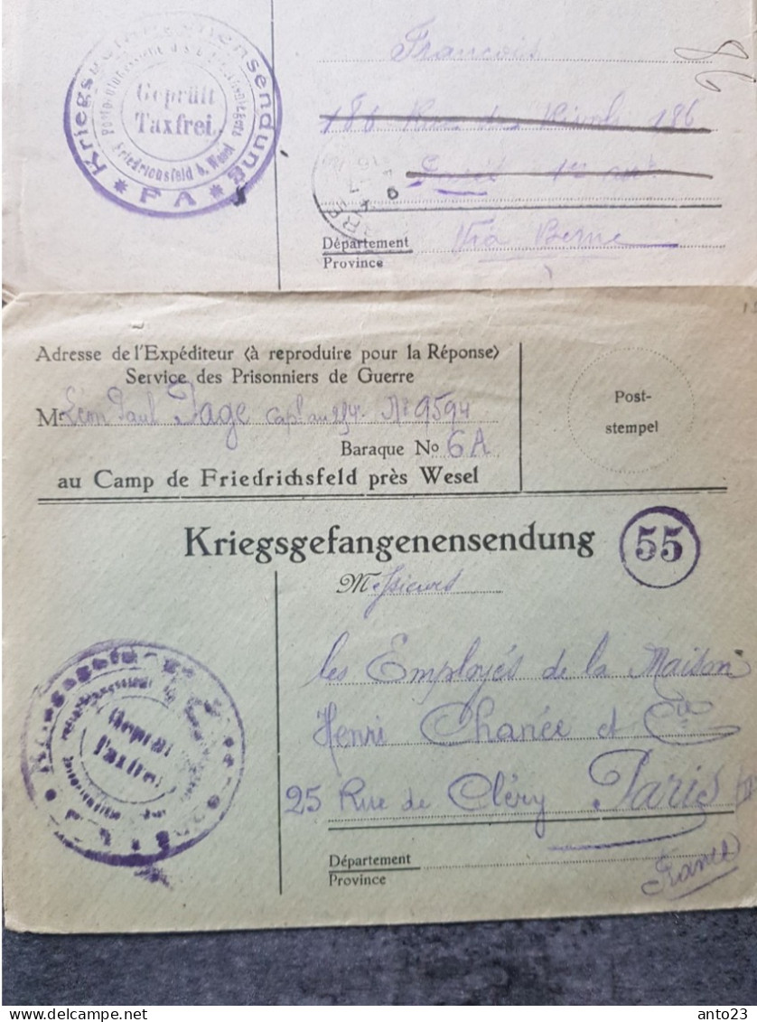 ENVELOPPE  De PRISONNIER En FRANCHISE Avec CACHET GERMANY FRIEDRICHSFELD BEI WESEL POST KARTE PRISONNIER FRANCAIS - 1914-18