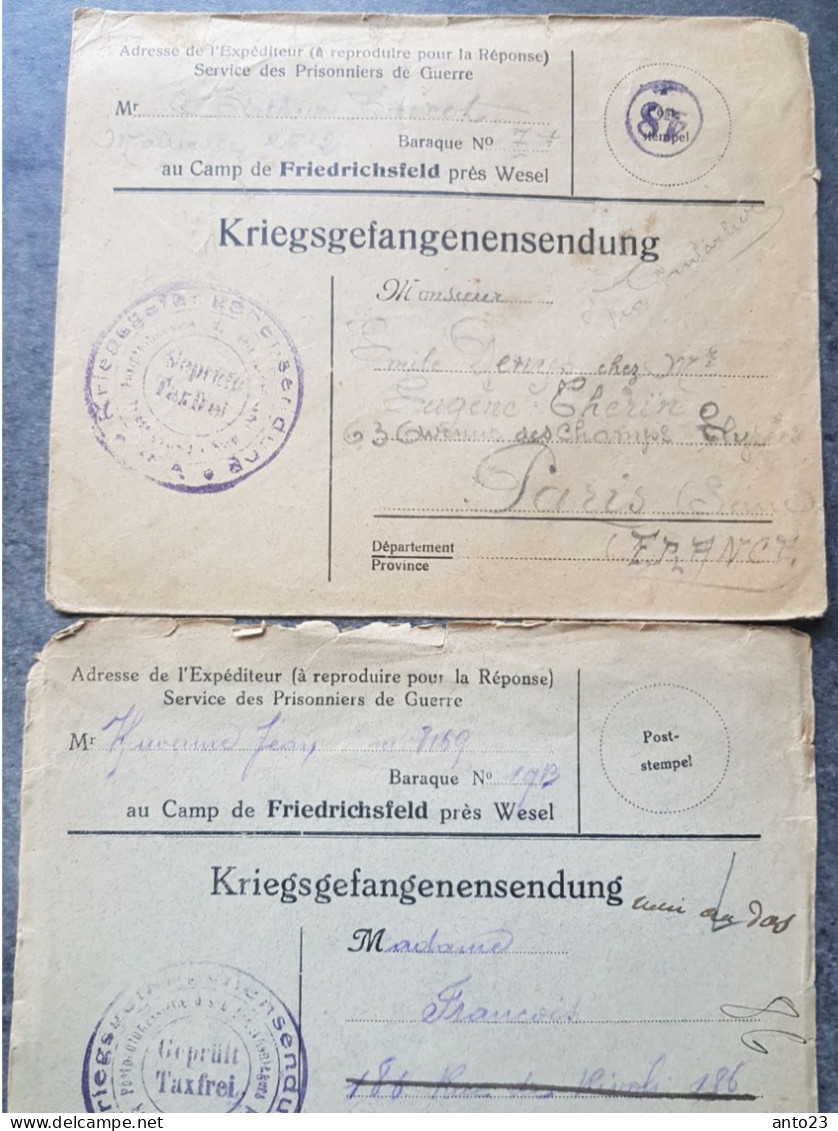 ENVELOPPE  De PRISONNIER En FRANCHISE Avec CACHET GERMANY FRIEDRICHSFELD BEI WESEL POST KARTE PRISONNIER FRANCAIS - 1914-18