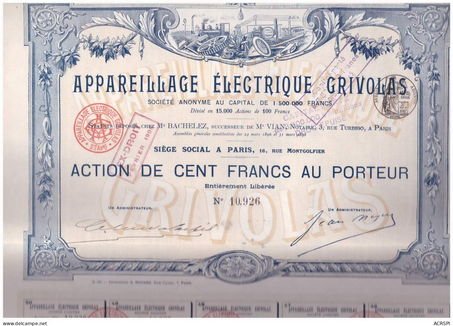 ACTION  GRIVOLAS Appareillage électrique 100 Francs Au Porteur  Mars 1896    EDF Electricité - Elettricità & Gas