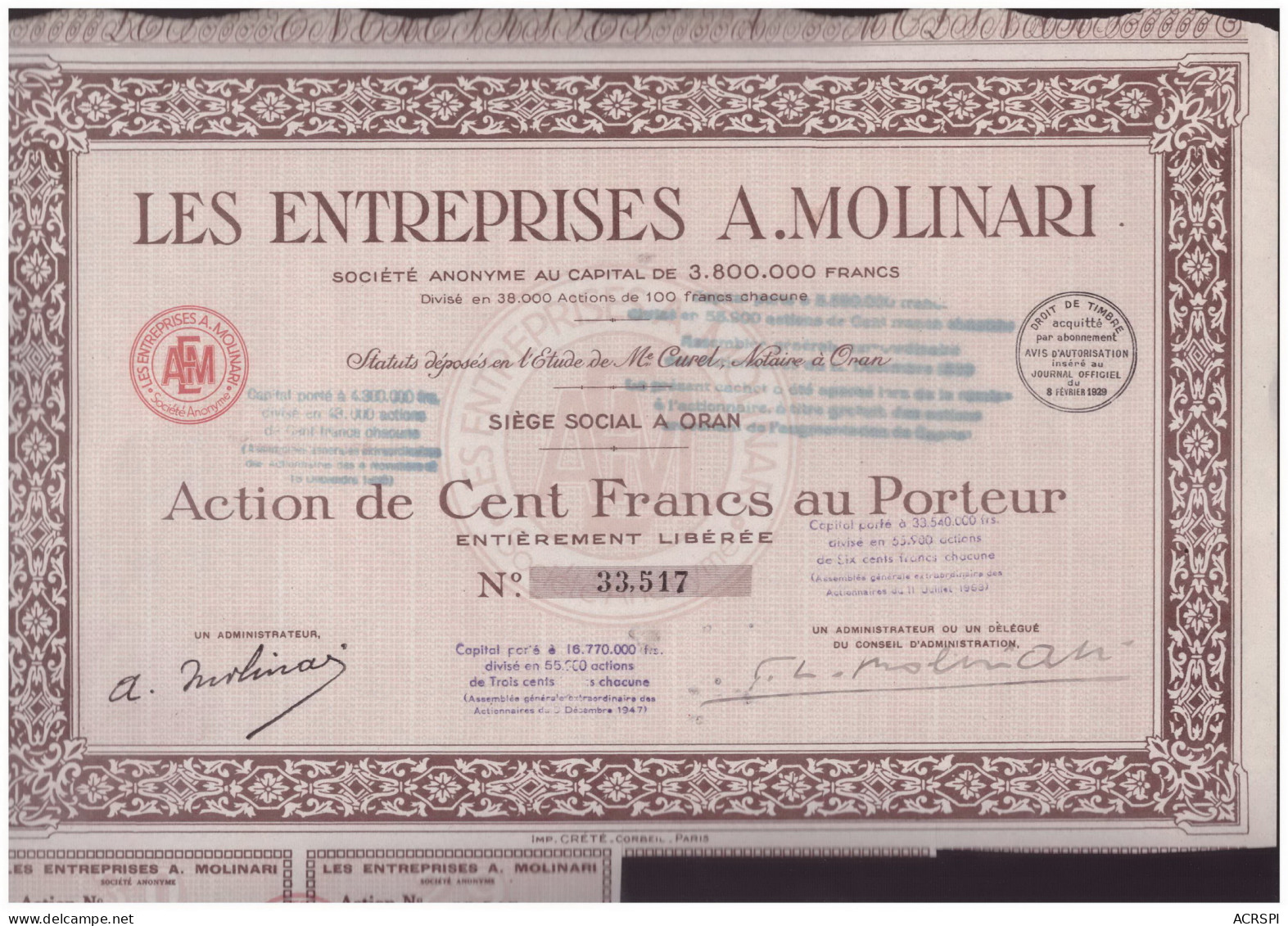 ACTION  Entreprises A.MOLINARI  à ORAN Algérie  100 Francs Au Porteur Février 1929 - Africa