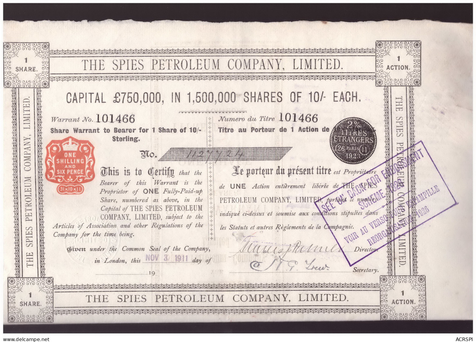 ACTION The SPIES PETROLEUM COMPAGNY LIMITED London Londres Novembre 1931 BP - Pétrole