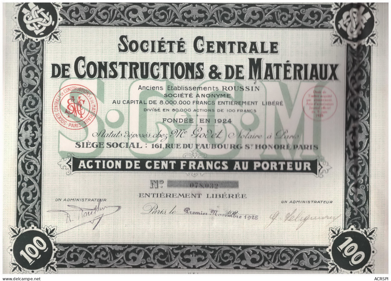 ACTION  Societe Centrale De Constructions Ancien Ets ROUSSIN Novembre 1928 Faubourg St Honoré PARIES - Industrial