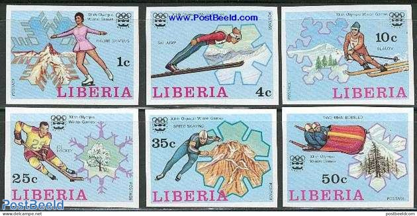 Liberia 1976 Olympic Winter Games 6v Imperforated, Mint NH, Sport - (Bob) Sleigh Sports - Ice Hockey - Olympic Winter .. - Winter (Varia)