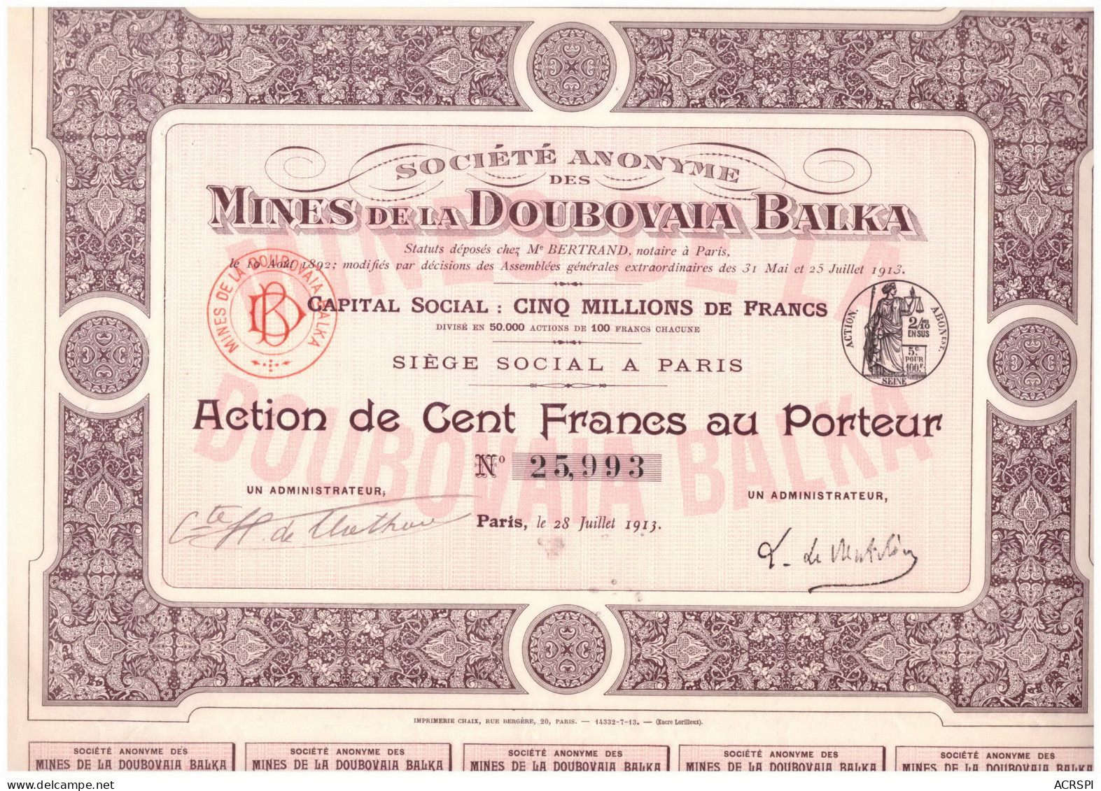 ACTIONS Russie - S.A. Des Mines De La Doubovaia Balka - Paris 1913 Action De 100 Francs - Mijnen