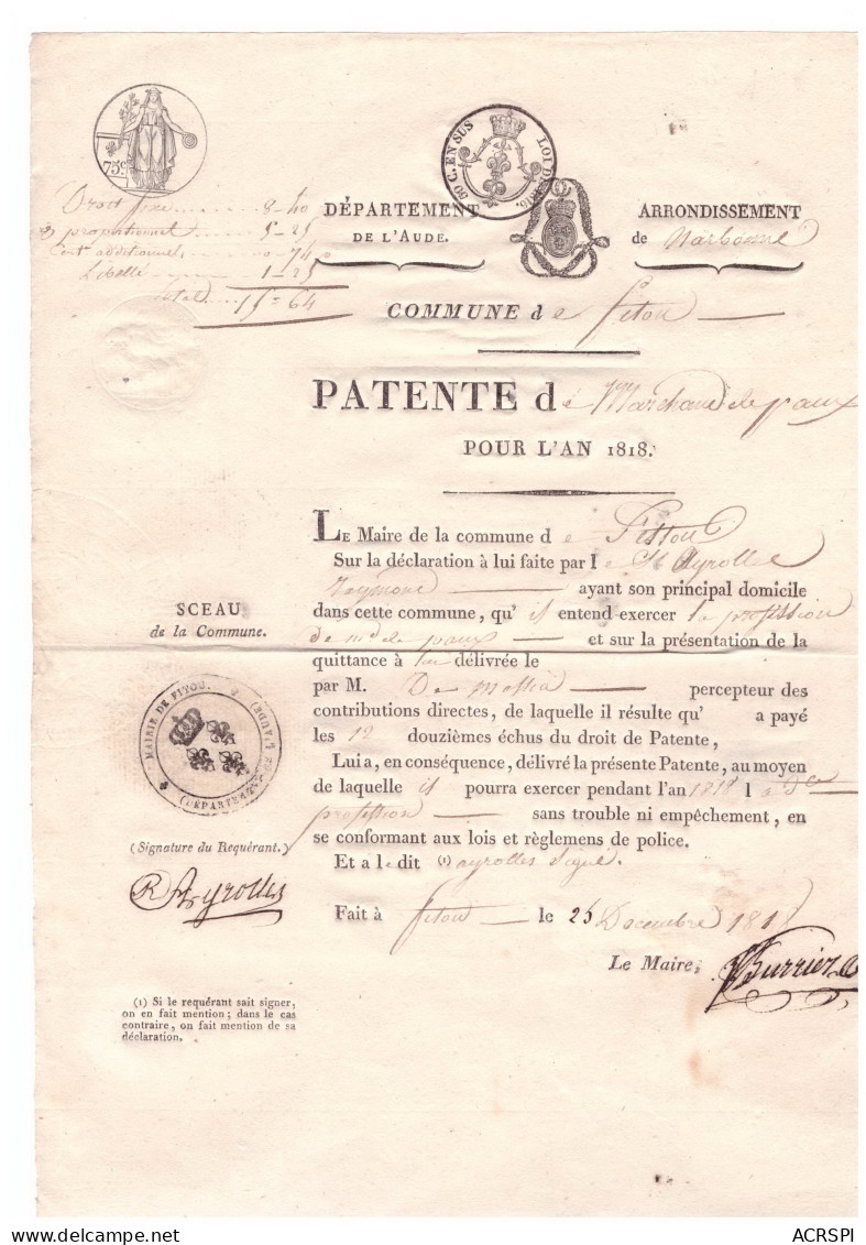 FITOU Arr NARBONNE Aude  Patente  De Marchand De Paux  (peaux)  An 1818  - Manuscripten