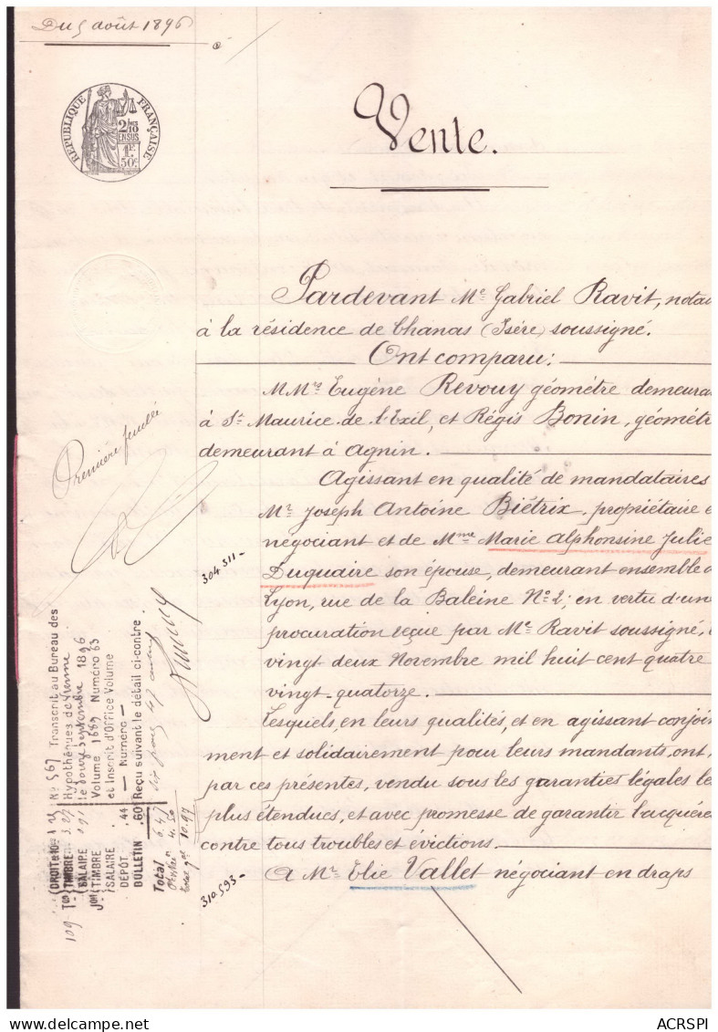 Parassat  Auberives-sur-Varèze Vente Immeuble Et Terres Bietrix Duquaire Vallet Tardieu 6 Pages 1896 - Manoscritti