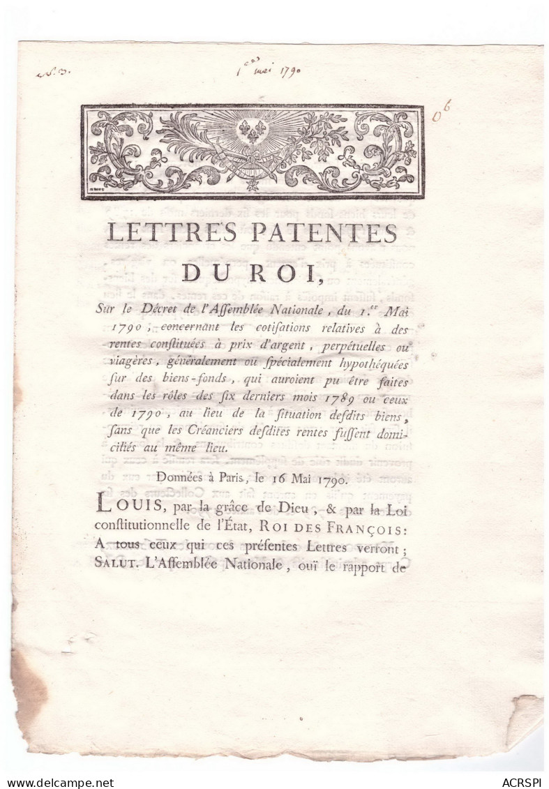 Patentes Du Roi Décret Assemblée Nationale 1790  Rentes Conflités à Prix D'argent Restitutions D'impots 3 Pages - Wetten & Decreten