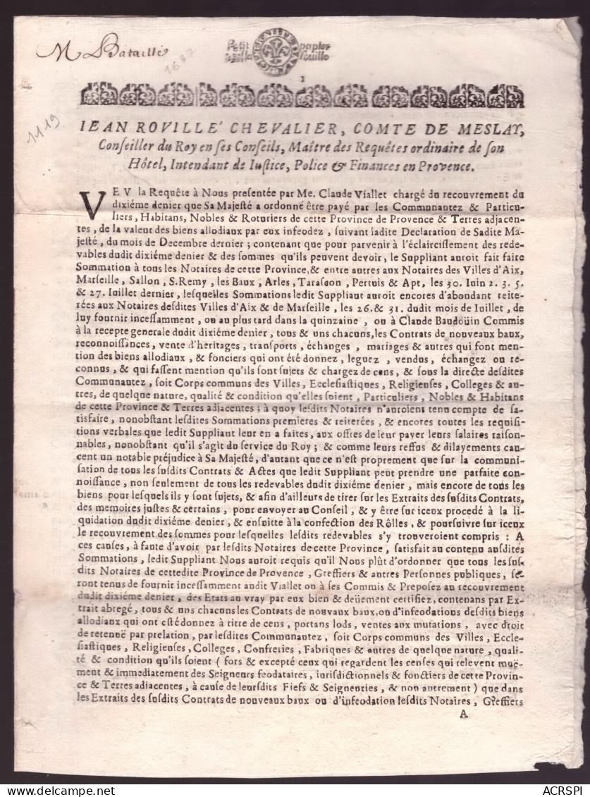 éclaircissement Des Redevables ROVILLE Chevalier Comte De MESLAT DGV MERY Aix Marfeuille Arles Pertuis Apt An 1677 - Décrets & Lois