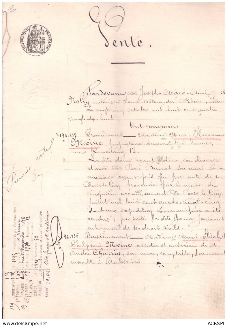 VENTE  Suite D'un Divorce Auberives  Vienne Saint Alban Du Rhone Charrin Vallet Silan Moine  Octobre 1898 4 Pages - Manuscripts