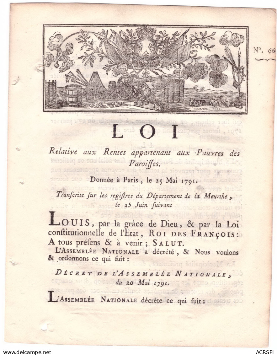 Loi Relative Au Rentes Des Pauvres  Assemblée Nationale Avril 1791 4 Pages église Prètre Religion Vicaire Evèque Christ - Decrees & Laws